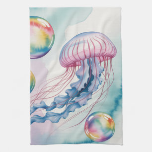 Whimsical Rainbow Jellyfish Watercolor Design Tea Towel