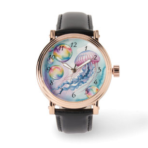 Whimsical Rainbow Jellyfish Watercolor Design Watch