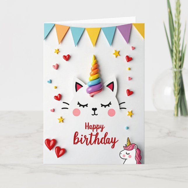 Whimsical Rainbow Kitty Birthday Card (Front)
