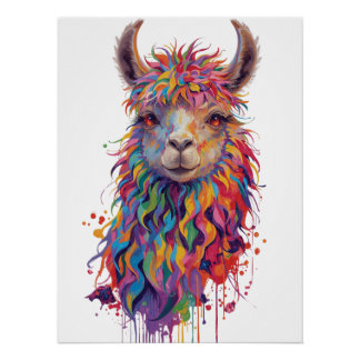 Whimsical Rainbow Llama Painting Poster