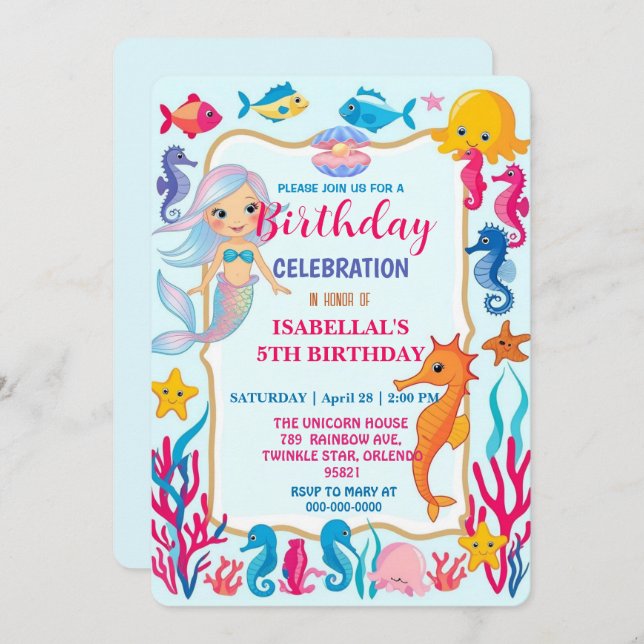 whimsical rainbow mermaid octopus star birthday save the date (Front/Back)