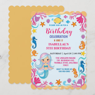 whimsical rainbow mermaid seahorse star birthday save the date