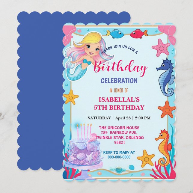 whimsical rainbow mermaid seahorse star birthday save the date (Front/Back)