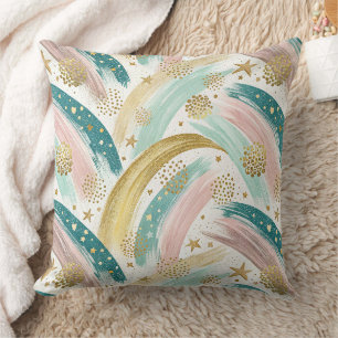 Whimsical Rainbow Pastel Abstract with Gold Stars Cushion