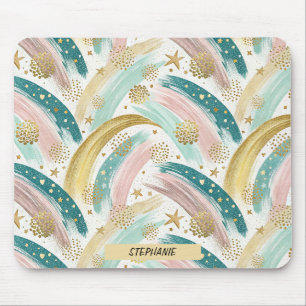 Whimsical Rainbow Pastel Abstract with Gold Stars Mouse Mat