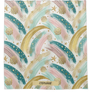 Whimsical Rainbow Pastel Abstract with Gold Stars Shower Curtain
