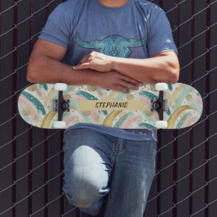 Whimsical Rainbow Pastel Abstract with Gold Stars Skateboard