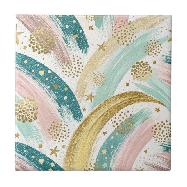 Whimsical Rainbow Pastel Abstract with Gold Stars Tile (Front)