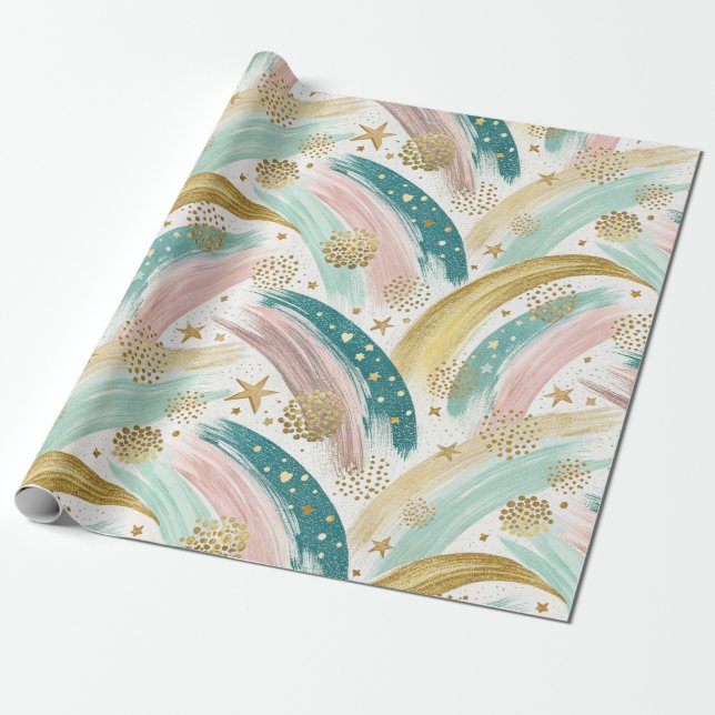 Whimsical Rainbow Pastel Abstract with Gold Stars Wrapping Paper (Unrolled)