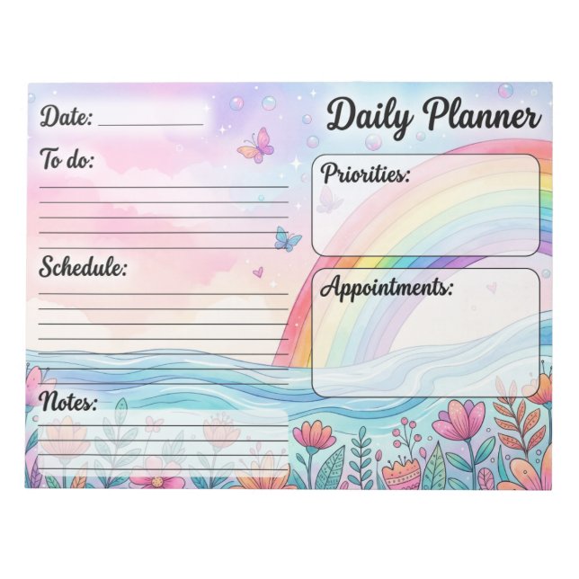 Whimsical Rainbow Pastel Watercolor Daily Planner Notepad (Front)
