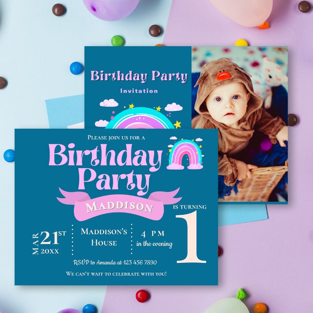 Whimsical Rainbow Pink & Teal 1st Birthday Invite  (Whimsical Rainbow Pink & Teal 1st Birthday Invite)