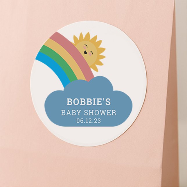 Whimsical Rainbow & Sun Baby Shower Gender Neutral Classic Round Sticker (Creator Uploaded)