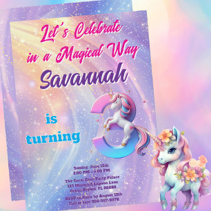 Whimsical Rainbow Unicorn 3rd Birthday Invitation