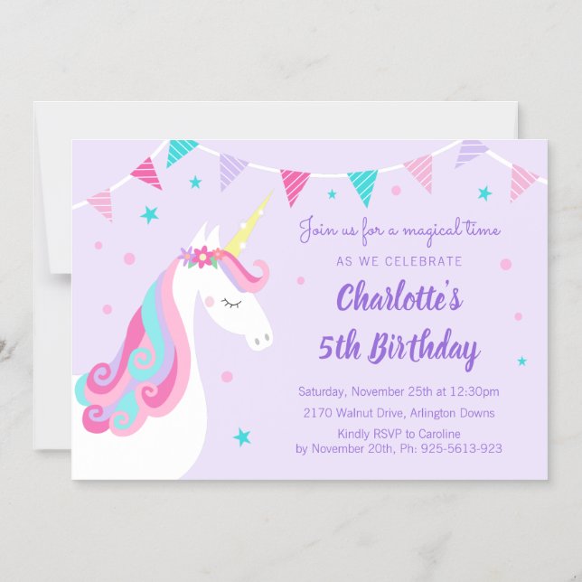 Whimsical Rainbow Unicorn 5th Birthday Purple Magnetic Invitation (Front)