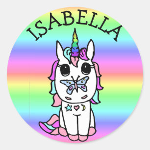 Whimsical Rainbow Unicorn and Butterfly Classic Round Sticker