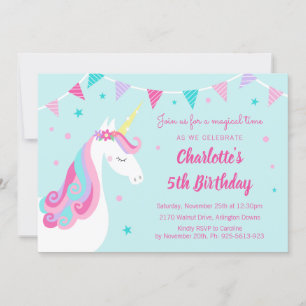Whimsical Rainbow Unicorn Aqua 5th Birthday Invitation