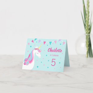 Whimsical Rainbow Unicorn Aqua 5th Birthday Invitation