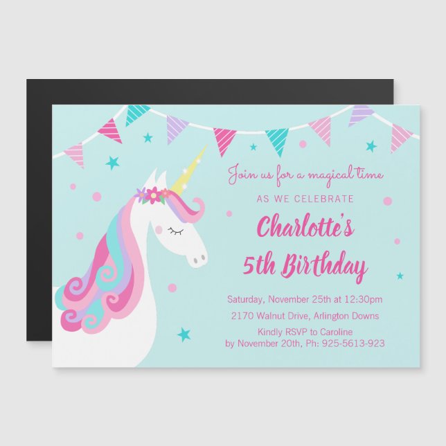 Whimsical Rainbow Unicorn Aqua 5th Birthday Party Magnetic Invitation (Front/Back)