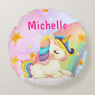 Whimsical Rainbow Unicorn Girl's Name Room  Round Cushion