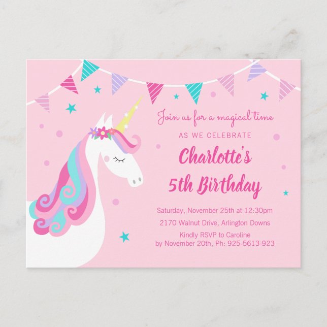 Whimsical Rainbow Unicorn Pink 5th Birthday Invitation Postcard (Front)