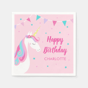 Whimsical Rainbow Unicorn Pink Happy Birthday  Napkin