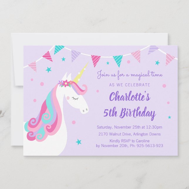 Whimsical Rainbow Unicorn Purple 5th Birthday Invitation (Front)