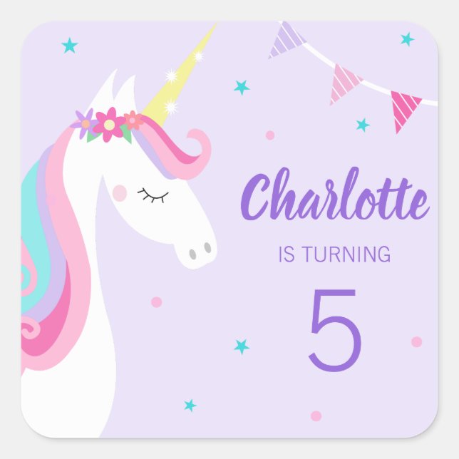 Whimsical Rainbow Unicorn Purple 5th Birthday Square Sticker (Front)
