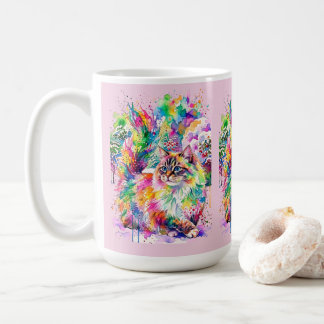 Whimsical Rainbow Watercolor Fluffy Cat in Winter  Coffee Mug