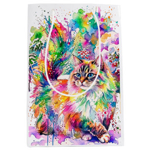 Whimsical Rainbow Watercolor Fluffy Cat in Winter Medium Gift Bag