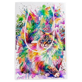 Whimsical Rainbow Watercolor Fluffy Cat in Winter  Medium Gift Bag