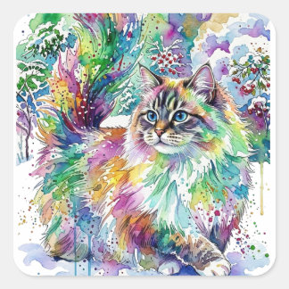 Whimsical Rainbow Watercolor Fluffy Cat in Winter Square Sticker