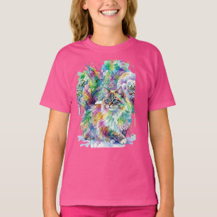 Whimsical Rainbow Watercolor Fluffy Cat in Winter T-Shirt
