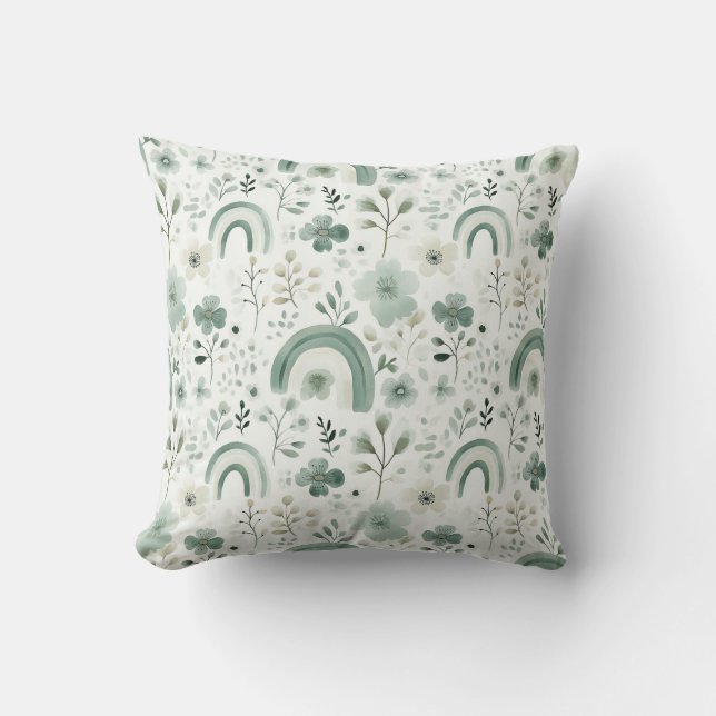 Whimsical Rainbows in Sage Cushion (Front)