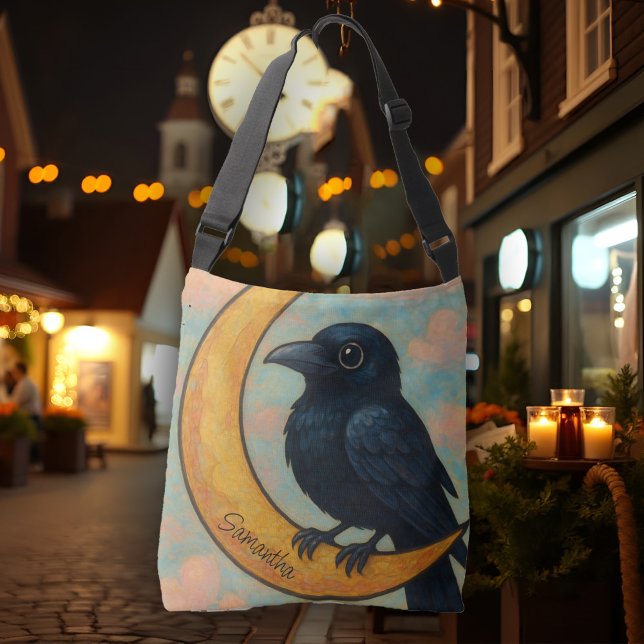 Whimsical Raven Crescent Moon Cute Rustic Folk Art Crossbody Bag (Whimsical raven on a crescent moon crossbody bag, rustic painterly folk art charm.)