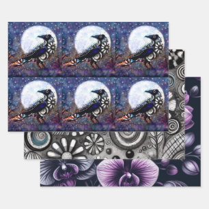 Whimsical Raven Floral Black Purple Decoupage Wrapping Paper Sheet