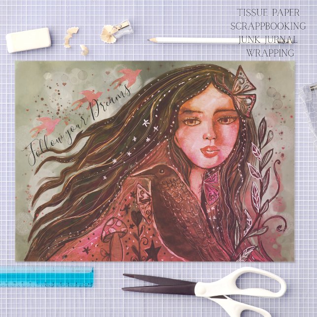 Whimsical Raven Girl Follow Your Dream Mixed Media Tissue Paper (Whimsical Raven Girl Follow Your Dream Mixed Media Tissue Paper)