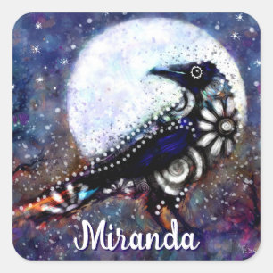 Whimsical Raven Moon Floral Abstract Personalised Square Sticker