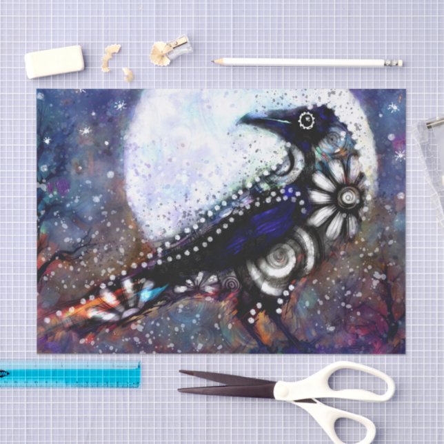 Whimsical Raven Moon Floral Black Decoupage Tissue Paper (Craft)