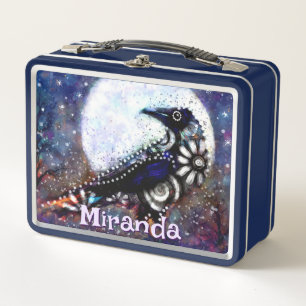 Whimsical Raven Moon Floral Black Personalised Metal Lunch Box