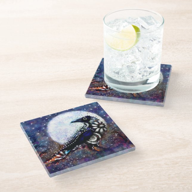 Whimsical Raven Moon Floral Black White Blue Glass Coaster (Angled)