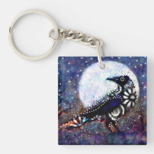 Whimsical Raven Moon Floral Black White Blue Key Ring