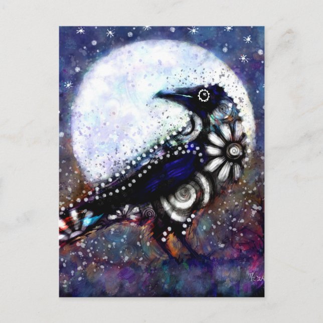 Whimsical Raven Moon Floral Black White Blue Postcard (Front)