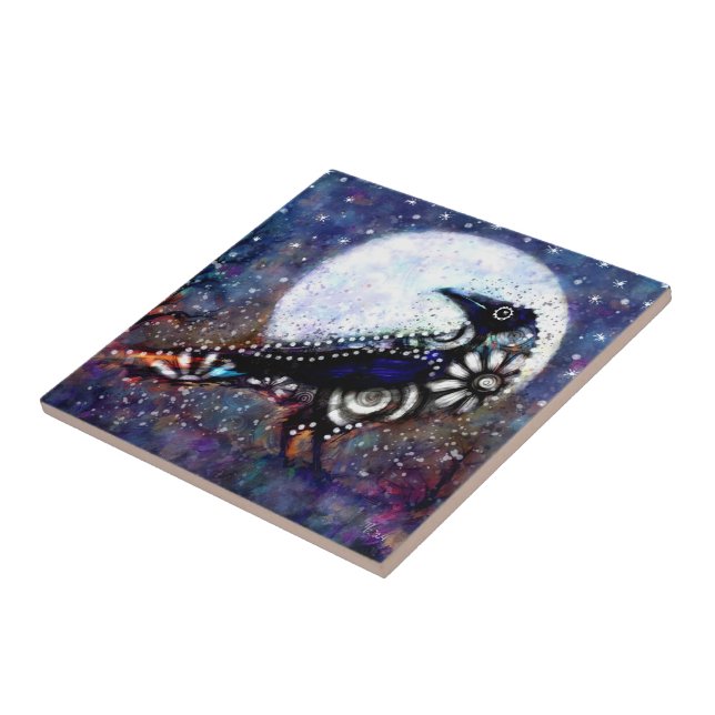 Whimsical Raven Moon Floral Black White Blue Tile (Side)