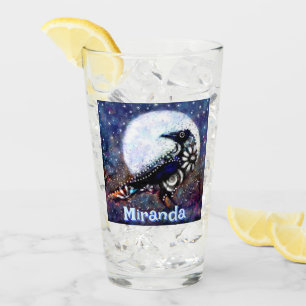 Whimsical Raven Moon Floral Personalised Glass