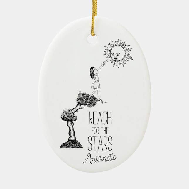 Whimsical Reach for the Stars Inspirational Quote Ceramic Tree Decoration (Front)