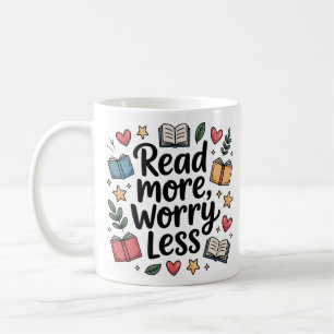Whimsical Read More Worry Less Doodle Book Lover Coffee Mug