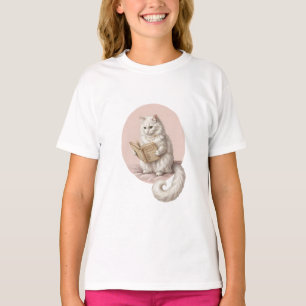 Whimsical Reading Fluffy White Cat Kids T-Shirt