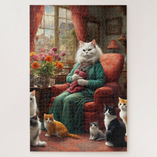 Whimsical Realistic Mama Cat & Kittens Jigsaw Puzzle