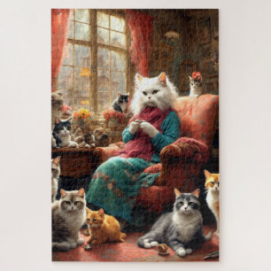 Whimsical Realistic Mama Cat & Kittens Jigsaw Puzzle
