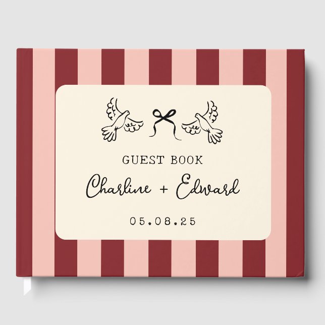 Whimsical Red and Blush Pink Striped Wedding  Guest Book (Front)